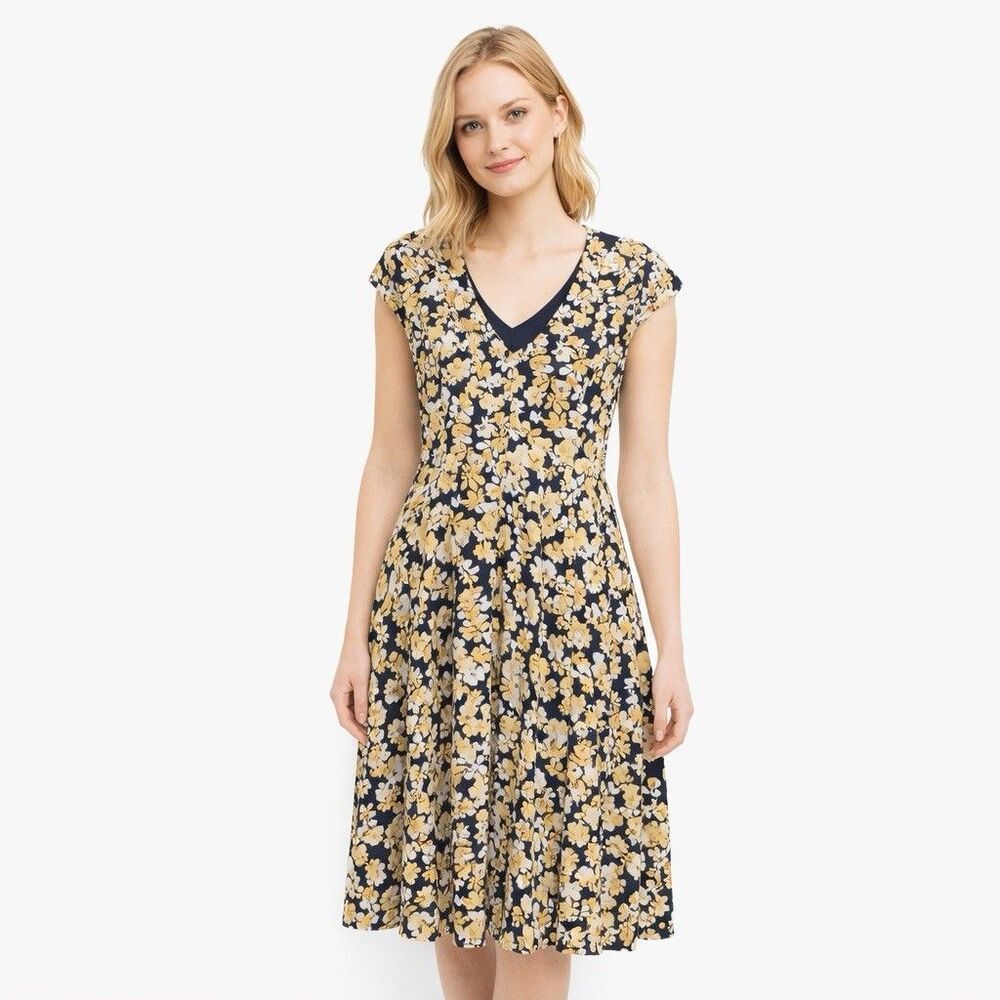 London Times Dress Blue Yellow Floral Print Fit & Flare Cap Sleeve Size 4